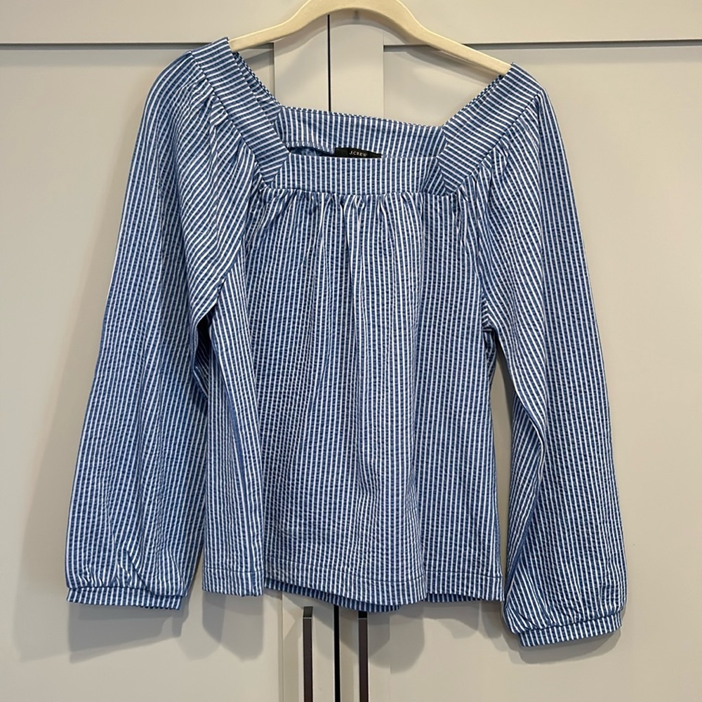 J. Crew Blue and White Striped Peasant Blouse